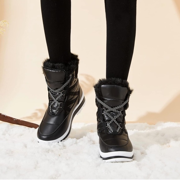 Warm Fur Lined Mid-Calf Boots Waterproof Winter Snow Boots Non-slip - Black - Picture 6 of 6
